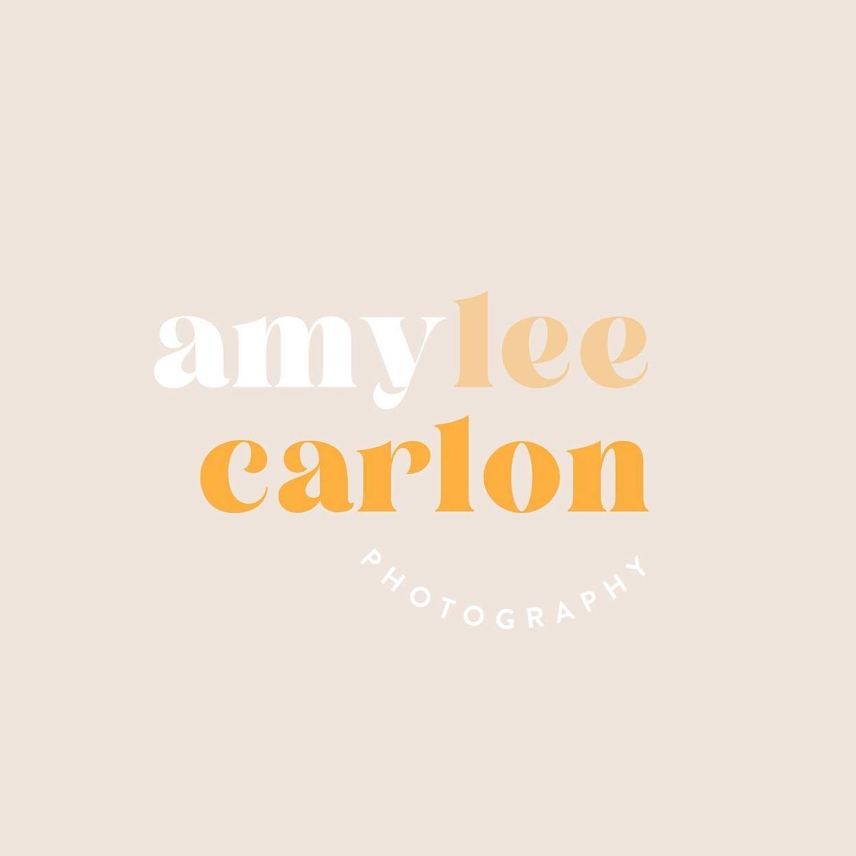 Amy Lee Carlon Photography business logo, white and orange font on a cream background.