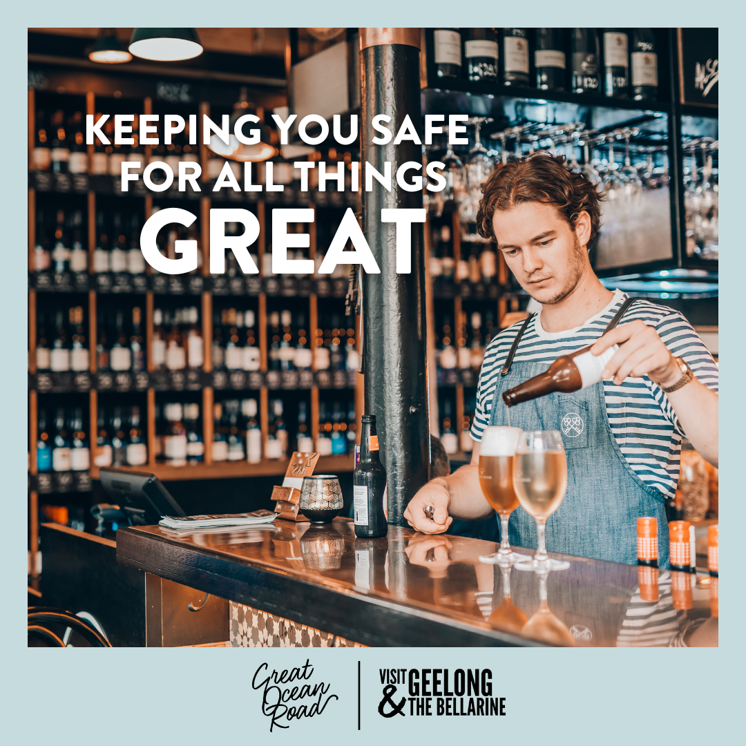 Keeping you safe for all things great words with man pouring wine at Geelong Cellar Door