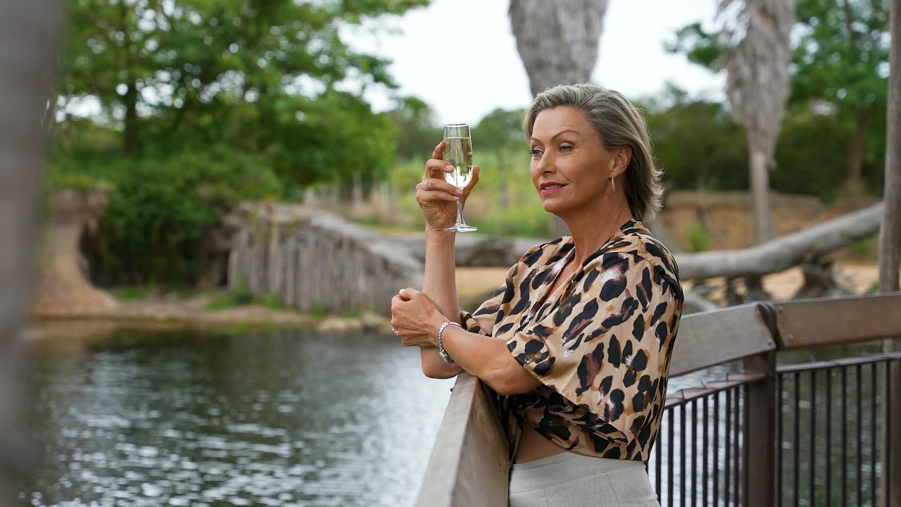 A women stands on a deck that overlooks water, she is holding a glass of wine.